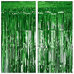 2 Pack Green Tinsel Curtain Party Backdrop, 3.2Ft x