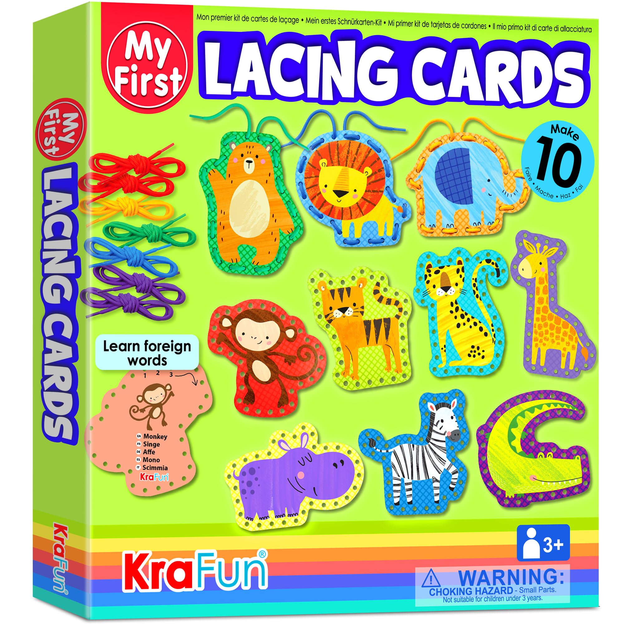 KRAFUN Safari Animal Lacing Card Kit for Kids Ages 3-8, 10 Beginner Arts & Crafts Projects with Lion, Elephant, Tiger, Instructions, Preschool Fine Motor Skills Toy, Educational Gift for Toddlers