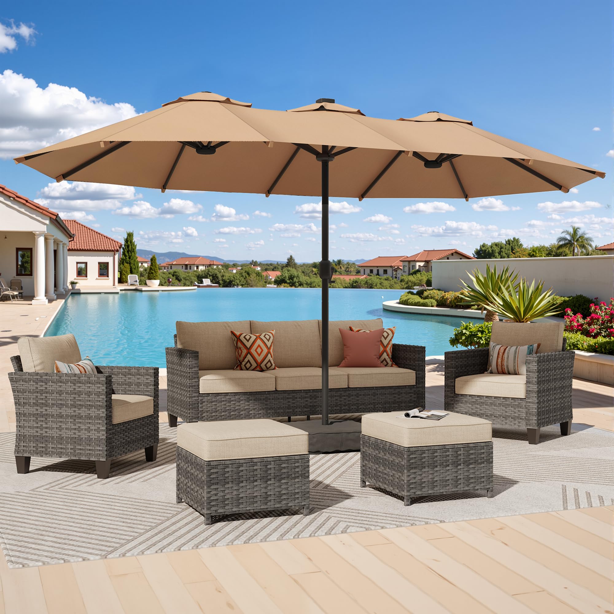 Photo 1 of 15Ft Patio Umbrella - Large Beach Umbrella W 12 Sturdy Ribs,UPF50 Outdoor Table Umbrella,Picnic Market Umbrella W Base Crank Handle for Pool,Yard,Garden