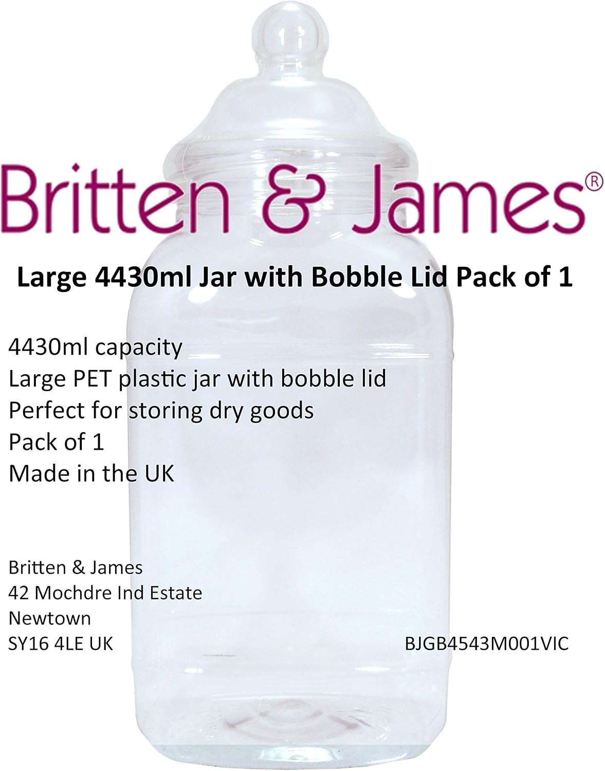 A clear, empty plastic jar with Vistorian-style screw lid - capacity 4430ml, Transparent - Image 5