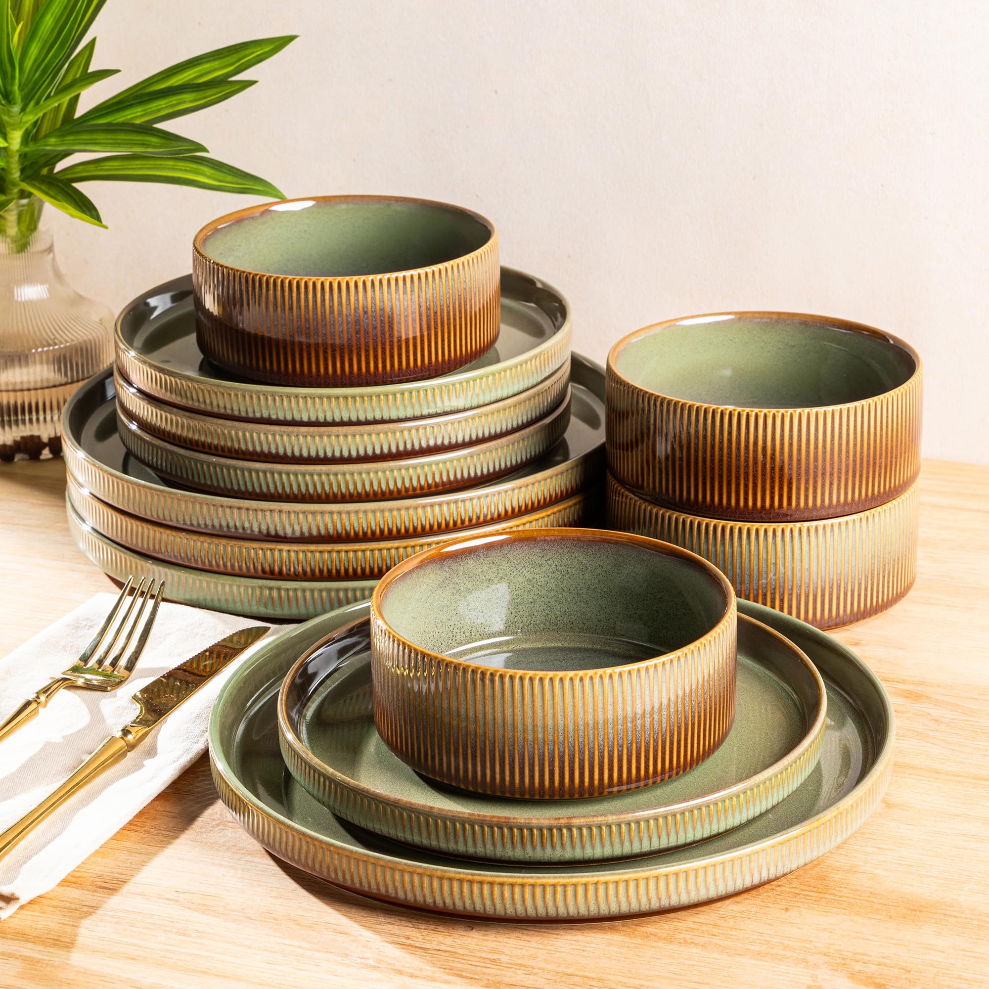 Photo 1 of ***MISSING BOWLS*** TheTerra Ceramic Dinnerware Sets for 4, 12 Pieces Porcelain Lightweight Plates and Bowls Sets, Scratch Resistant Dish Set, Oven & Microwave & Dishwasher Safe, Sage Umber