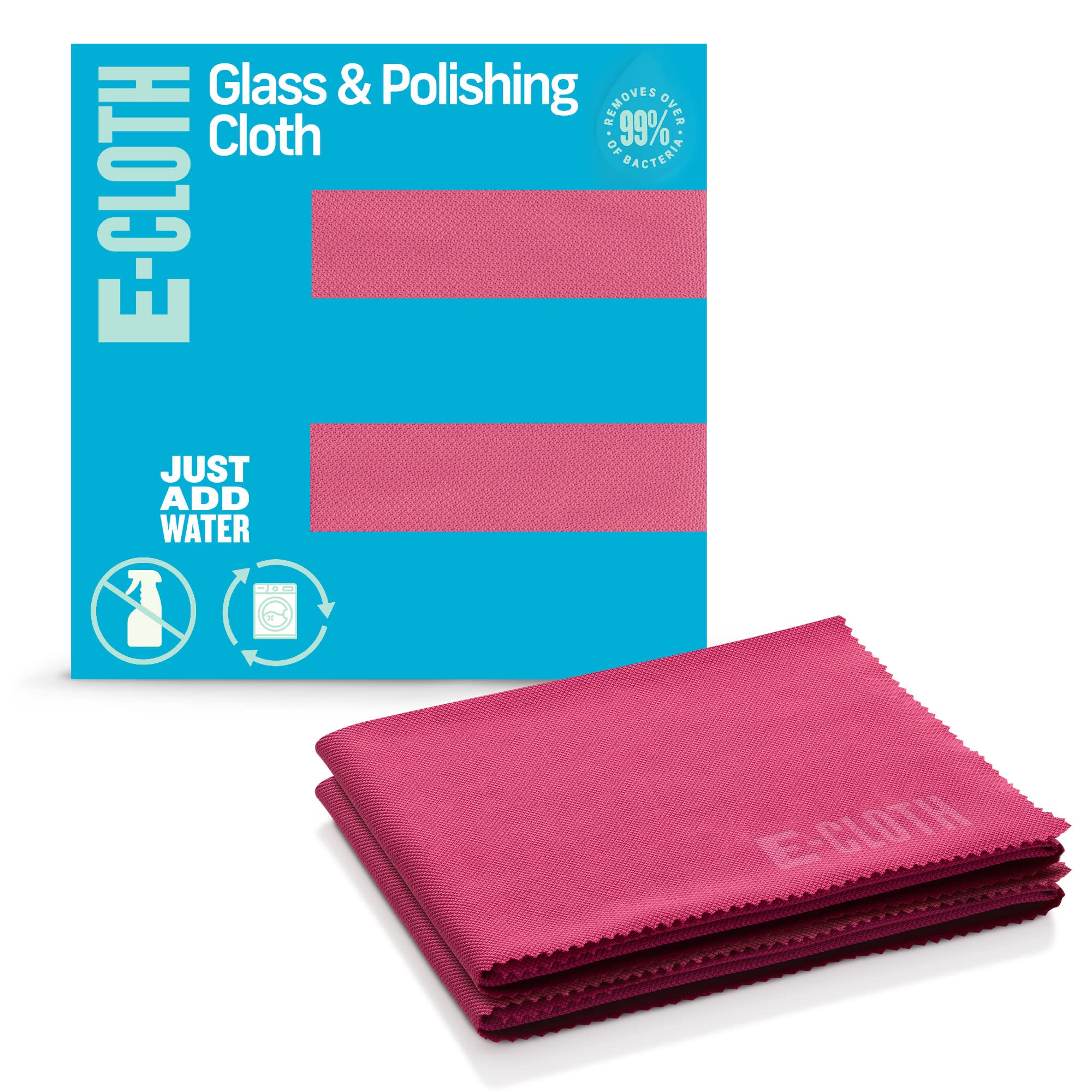 E-Cloth Glass & Polishing Cloth, Sustainable Microfibre Cleaning Cloth Set, Perfect Cleaner for Glass, Windows and Mirrors, Washable and Reusable, 100 Wash Promise, Raspberry Rose, 2 Pack