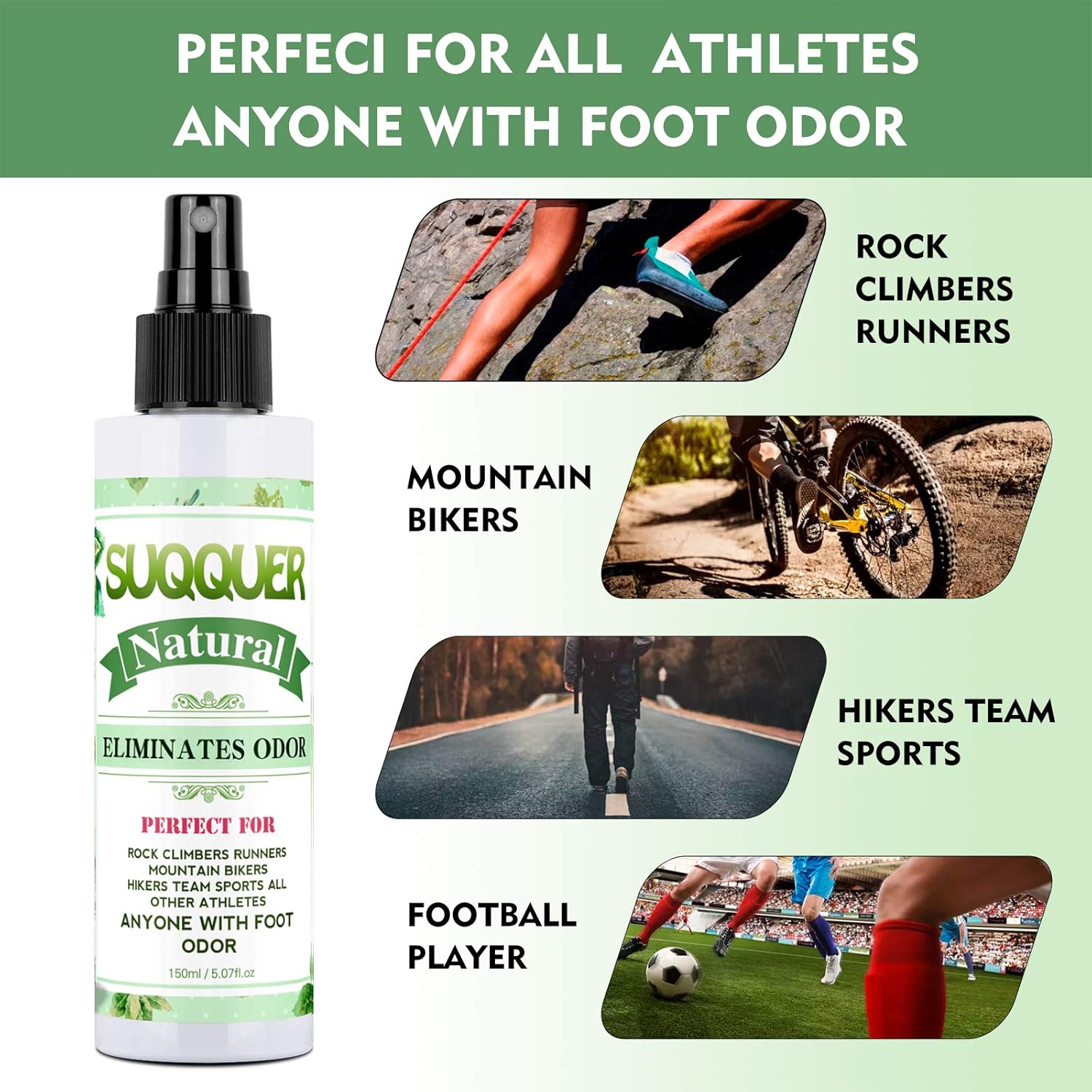 Natural Shoe Deodorizer Spray, SUQQUER 150ML Extra Strength Foot Odor Eliminator for Shoes-Witch Hazel, Peppermint, Tea Tree Essential Oils 150ML /5.07FL.OZ : Beauty