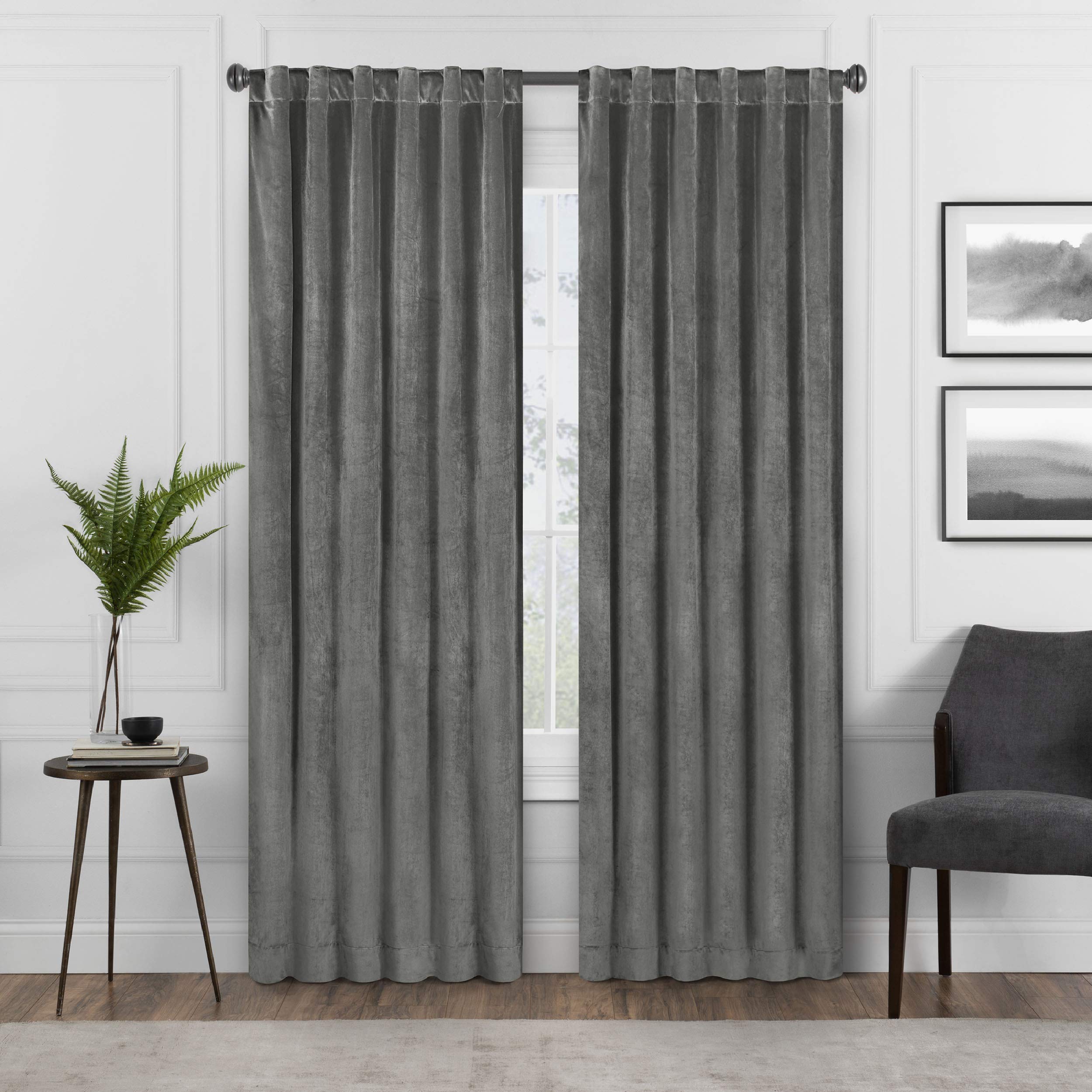 Photo 1 of Eclipse Absolute Zero Harper Velvet Blackout Thermal Insulated Rod Pocket Curtains for Bedroom, Single Panel, 50" x 84", Charcoal
