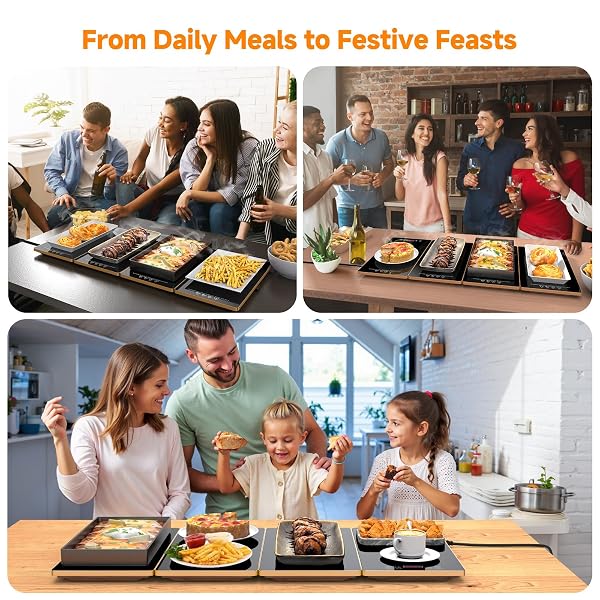 FEPPO ELECTRIC WARMING TRAY, 4-IN-1 FOOD WARMERS FOR PARTIES BUFFET WITH 10 TEMP SETTINGS AND TIMER, 33″X15″ GLASS SURFACE WARMING MAT FOR FOOD, MODULAR BUFFET HOT PLATES FOR CATERING AND GATHERINGS