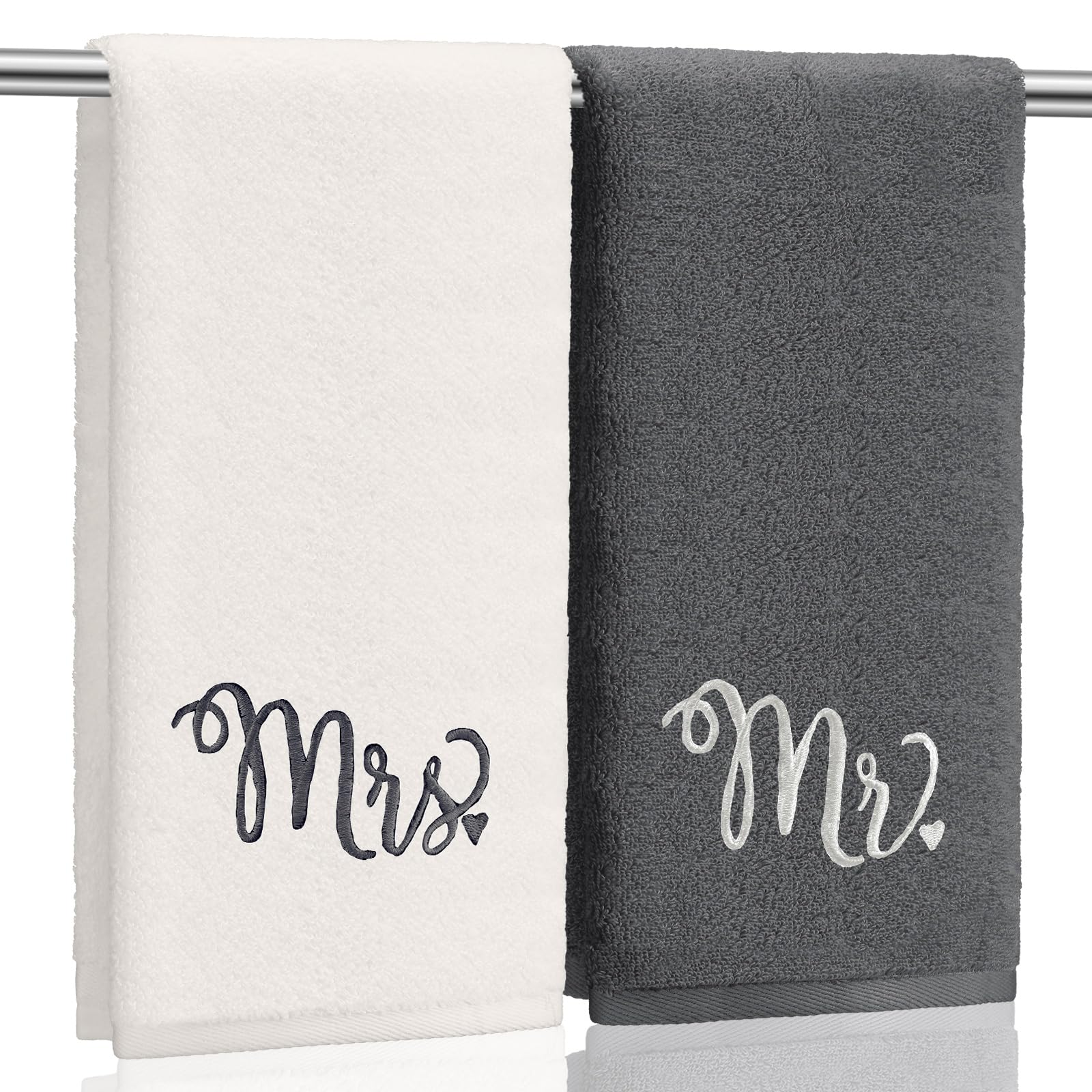 Photo 1 of Tingjoo 2 Pcs Mr. and Mrs. Hand Towels 100% Cotton Hubby and Wife Embroidered Bathroom Towel Gift Mr. and Mrs. for Couple, Wedding Anniversary Bathroom Decor 29 x 3inch (Dark Gray, Beige)