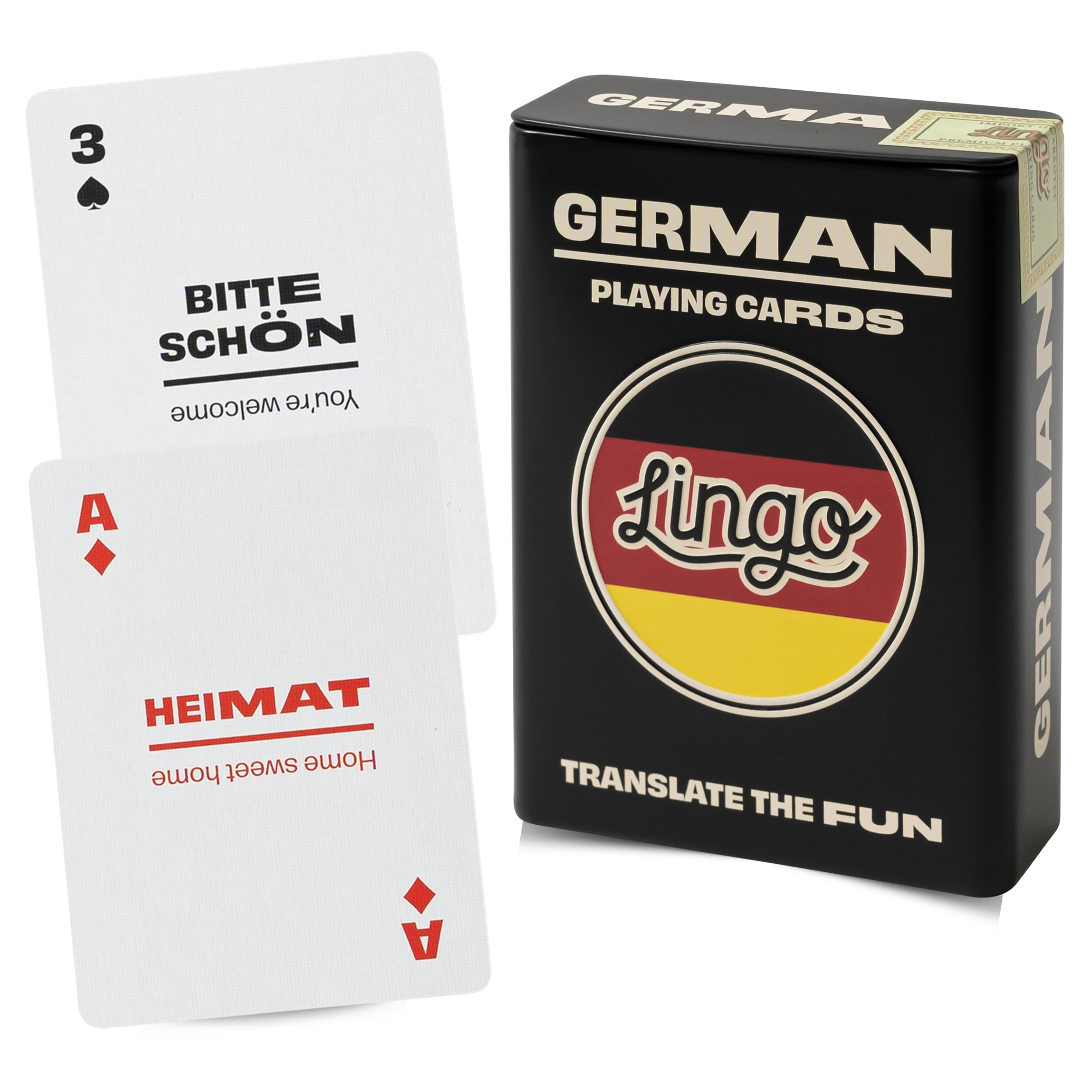 Lingo German Playing Cards in Wayfarer Tin Box | Travel Flashcards | Learn German Vocabulary in A Fun & Easy Way | 52 Essential Translations