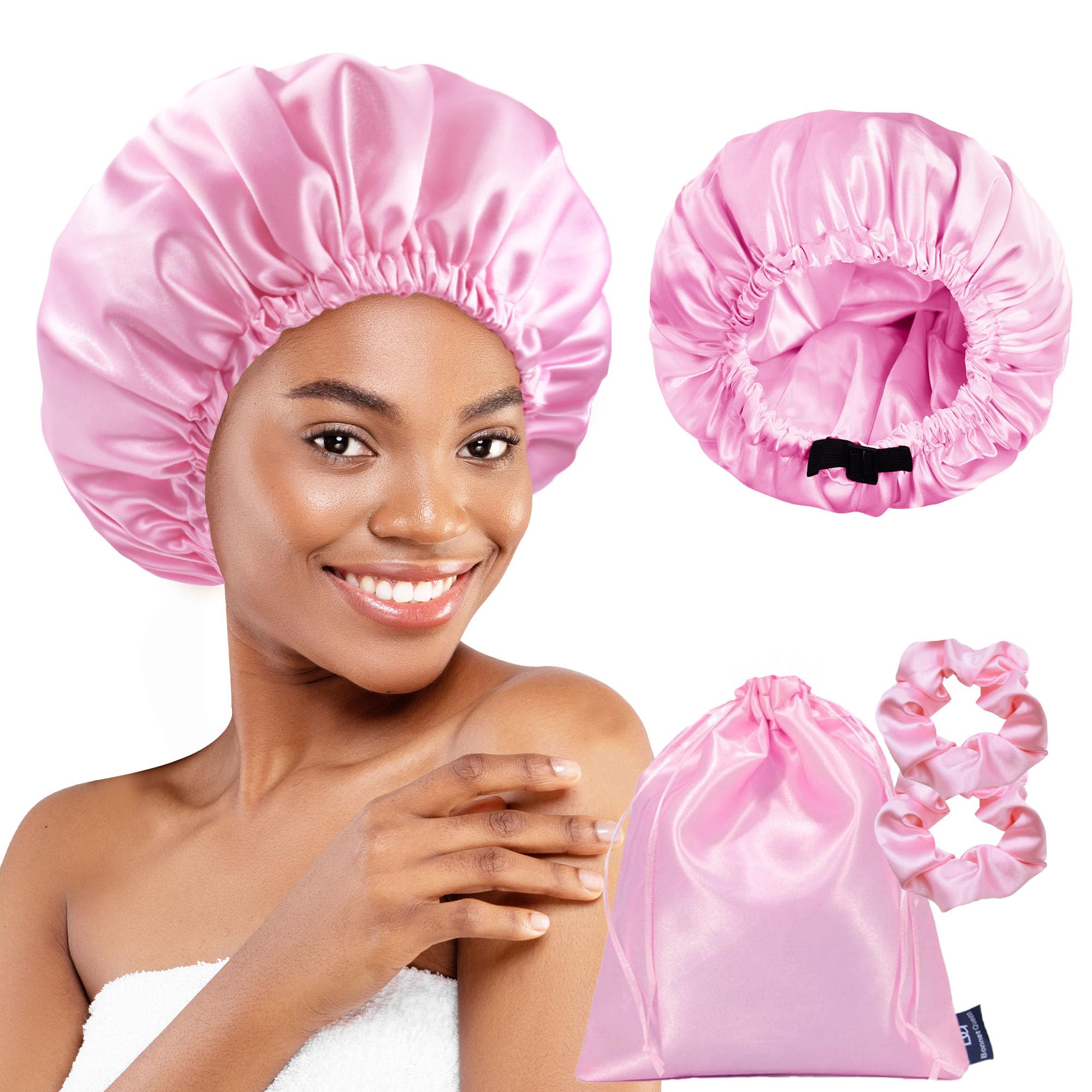BONNET QUEEN Dual-Layer Reversible Silk Sleep Bonnet with Adjustable Elastic Band, Ladies' Night Cap for Curly Long Natural Straight Hair Wigs, Pink