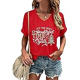 ELDPS Women Christmas V Neck Shirt: Christmas Tree Tshirt Xmas Buffalo Plaid Shirt Casual Holiday Tee Tops