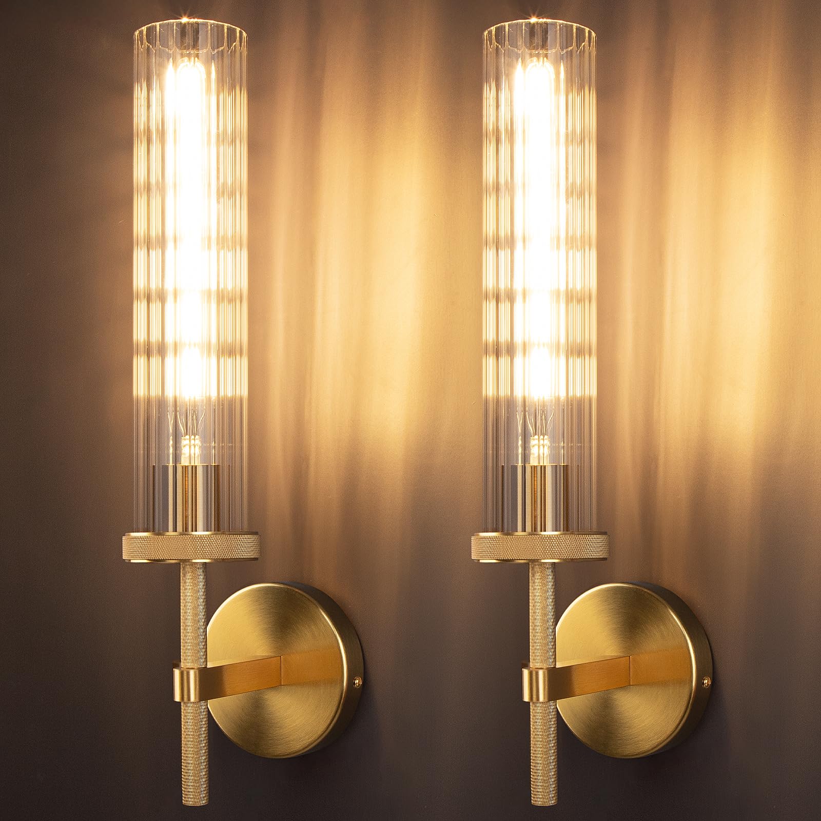 Photo 1 of 19.5" Knurled Gold Wall Sconces Set of 2, Bathroom Vanity Light Fixtures with Vertical Striped Glass Tube, Modern Lamp Lighting for Bedroom, Living Room, Hallway, Staircase, Mirror, Kitchen