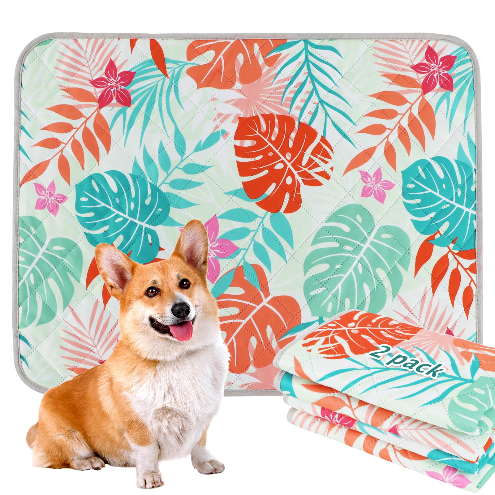 BVAGSS Washable Pee Pads for Dogs, 2 Pack Reusable Leakproof Puppy Wee Wee Pad, Non-Slip Waterproof Pet Training Pads, Super Absorbent Whelping Pads XH081 (Green Palm Leaves, 90x90cm)