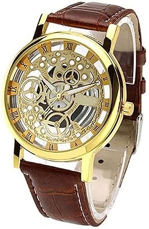 Transparent Analogue Gold Dial Brown Strap Mens & Boys Watch_My-53 Open