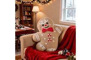 Lanpn Christmas Gingerbread Boy Pillow, Christmas Decoration Winter Throw Pillows Soft Fleece Sherpa Cute 3D Shaped Ginger Bread Man Throw Cushion for Sofa Bedroom Xmas Decor (15.2x18.3 inch)