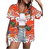 Hawaiian Shirts for Women Hawaii Tropical Button Down Tops Summer Beach Vacation Outfits Floral Short Sleeve Blouses