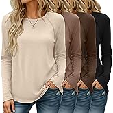 Huukeay 4 Pack Women's Long Sleeve Shirts, Casual Crew Neck Raglan Tunic Tops Fall Loose Side Split Tees Curved Hem Pullovers