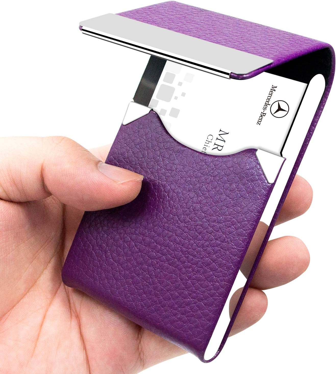Padike PU Leather Business Card Holder for Women Slim Pocket Business Name Card Holder Stainless Steel Business Card Case with Magnetic Shut (Purple) : Office Products