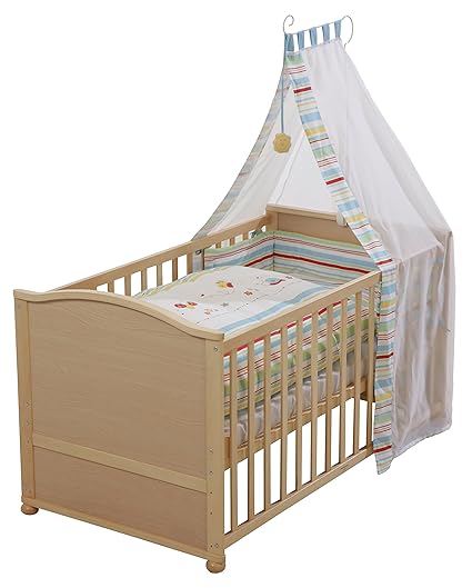 roba Komplettbett Set', Babybett natur inkl. Bettwäsche, Himmel, Nest, Matratze, Kombi Kinderbett 70x140cm umbaubar zum Junio