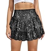 Women Sequin Skirt Sparkly Cute High Waist Ruffle Flowy Shiny Glitter Mini Short Skirts Night Out Club Party Black