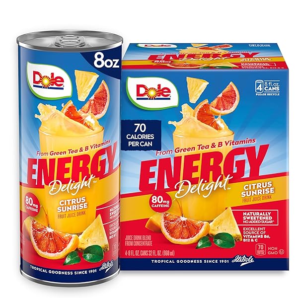 DOLE ENERGY DELIGHT FLAVORED FRUIT JUICE DRINK, CITRUS SUNRISE, EXCELLENT SOURCE OF VITAMIN C, B12 & B6, WITH GREEN TEA WITH 80MG CAFFEINE, 70 CALORIES, GLUTEN FREE AND NO ADDED SUGAR, 8 FL OZ (PACK OF 4)