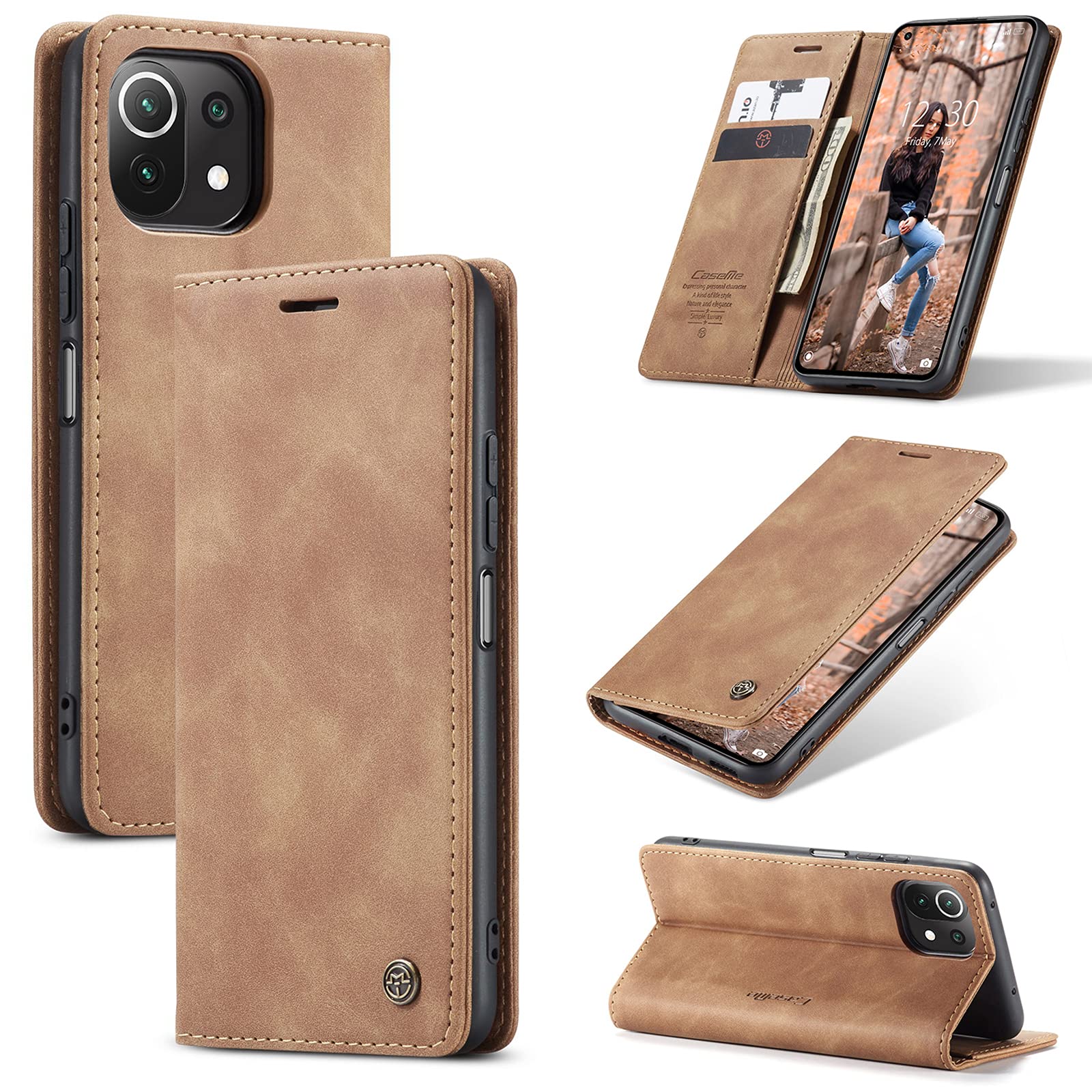 UFinetech Case for Xiaomi Mi 11 Lite, Leather TPU Cover for Xiaomi Mi 11 Lite 5G, Slim Soft Flip Magnetic Closure Kickstand Card Holder Wallet Shockproof Anti-scratch Camera Protector Shell, Brown — image 1