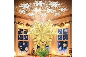 Qoosea Christmas Tree Topper - Winter Glittering Rotating Gold Snow with 6 LED Patterns 3D Glitter Light, Xmas Ornament Treet