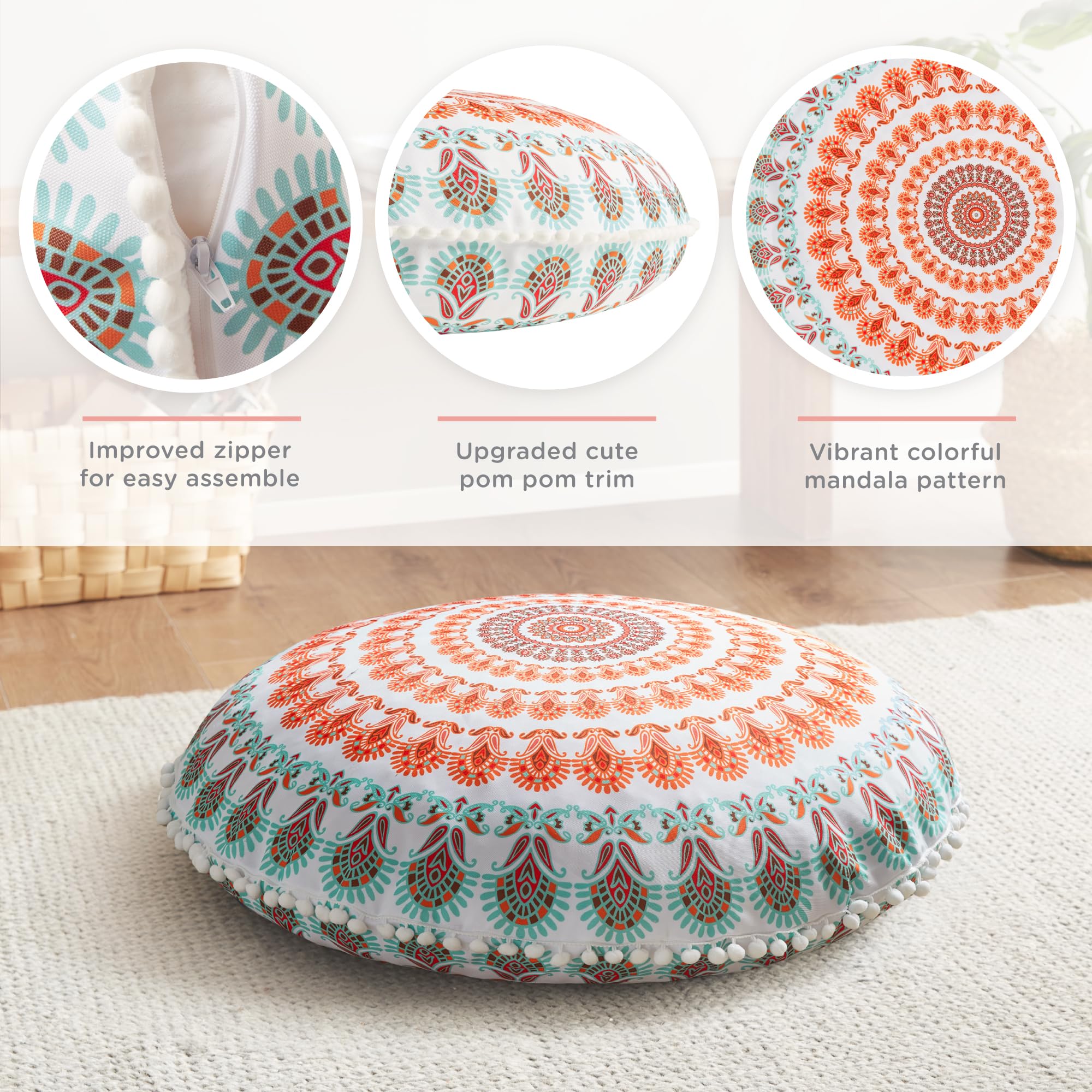Codi Meditation Floor Pillow, Round Large Pillows Seating for Adults, Bohemian Mandala Circle Cushion for Outdoor Fireplace Yoga Living Room, 32 Inch, Memory Foam Added, Coral - Image 2
