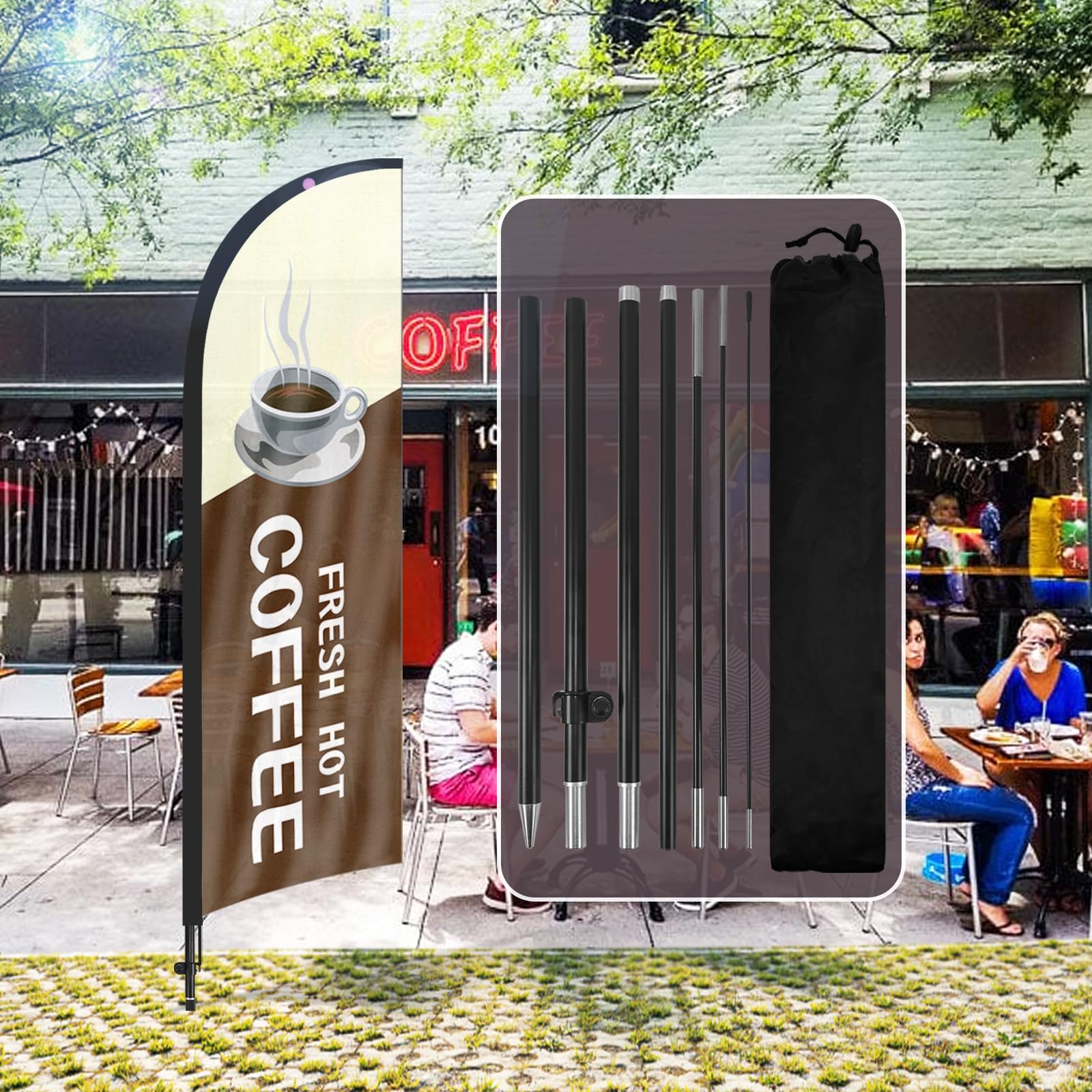 QSUM Fresh Hot Coffee Feather Flag,8FT Fresh Hot Coffee Advertising Swooper Flag with Pole Kit, Ground Spike, Fresh Hot Coffee Signs for Businesses and Storefronts
