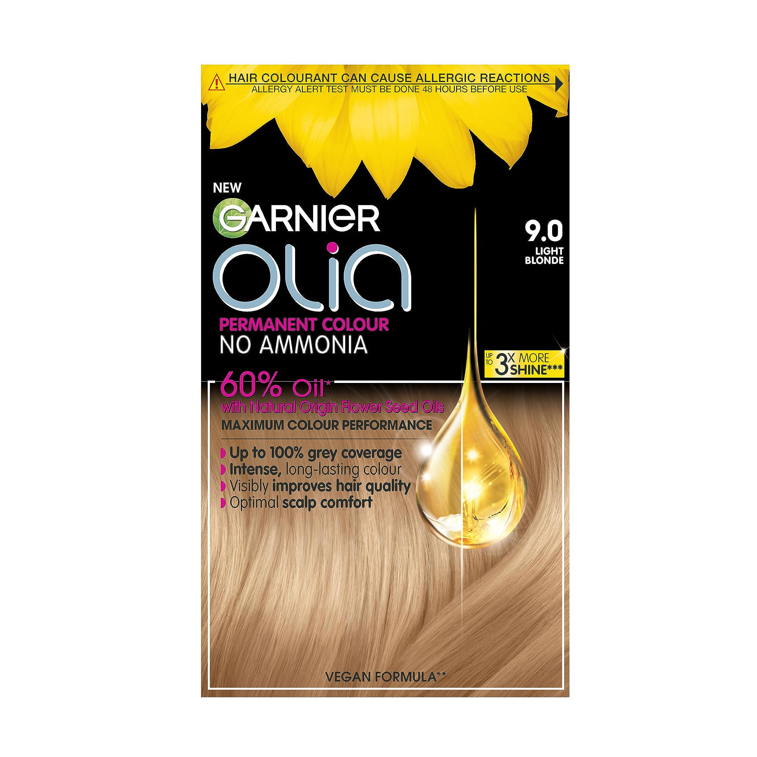 Garnier Olia 9.0 Light Blond, oil-powered, no-ammonia. 100% grey coverage. Luminous, long-lasting, vibrant light blonde hair color with incredible shine and softness. โ image 1