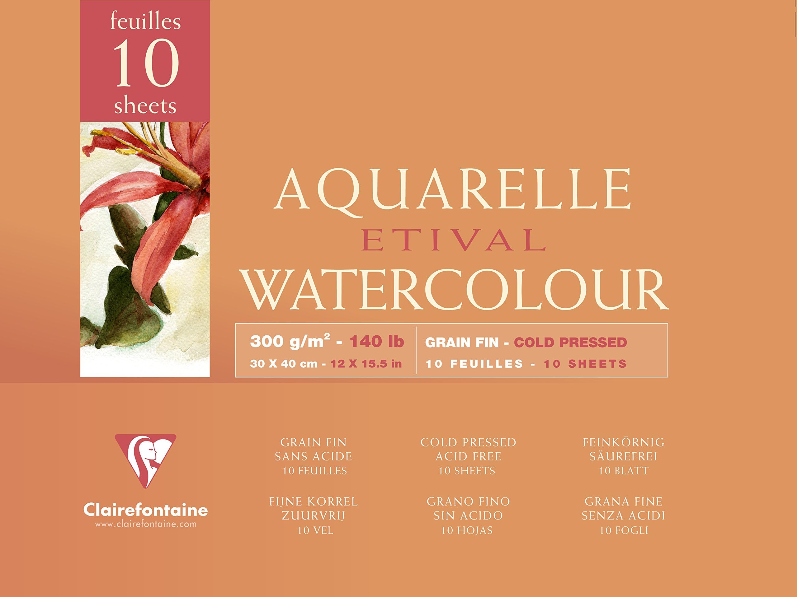 Clairefontaine - Ref 96572C - Etival Cold Pressed Glued Watercolour Painting & Drawing Pad (10 Sheets of Paper) - 30 x 40cm - 300gsm Cellulose Art Paper