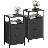 JARHETUN Nightstand Set of 2, Night Stands with 3 Fabirc Drawers, 26.4 Inch Tall Bedside Table with Metal Shelf, Modern Side End Table Storage Furniture, Small Dresser for Bedroom, Black