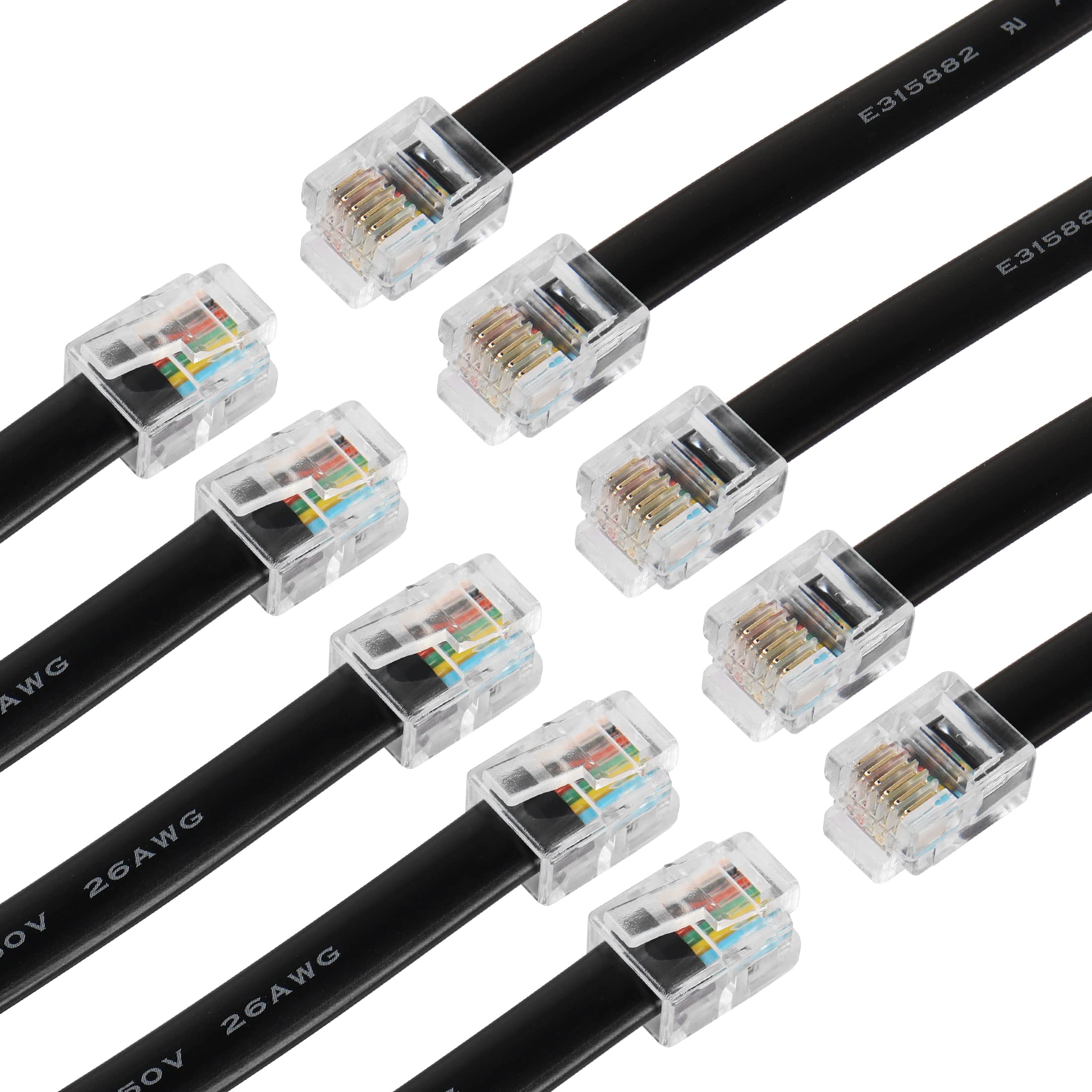 RIIEYOCA 12 Inch Short RJ12 Straight Wired Cable 6P6C Male to Male Flat Telephone Cord,Compatible with Data and Voice(Black,10Pack)