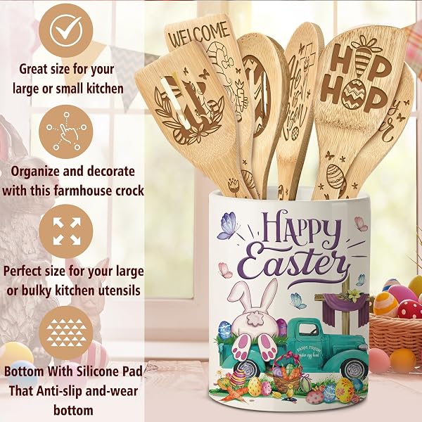 HEXAGRAM 6PC EASTER BAMBOO SPOONS CERAMIC UTENSIL HOLDER WITH SPOONS, BLUE BUNNY TRUCK COOKING TOOLS KITCHEN UTENSILS SET, FARMHOUSE EASTER DAY KITCHEN DECOR
