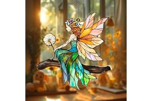 GIKZO Fairy Dandelion Acrylic Suncatcher Stained Glass Effect Window Car Hanging Christmas Ornament Indoor Outdoor Decor Garden Sun Catcher Panel for Fairy Tale Lover for Women Mom Grandma