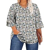 ForHailey Women's Plus Size Tops 3/4 Ruffle Sleeve Shirt V Neck Pleated T Shirt Tunic Blouse Loose Fit 1X-5X