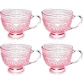Vintage Glass Coffee Mugs with Handle-14 oz Pink Embossed Glass Cups for Cappccino, Latte, Cereal, Yogurt, Tea, Milk (4)