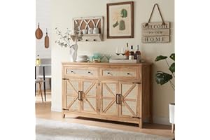 Barnyatoh Farmhouse Buffet Cabinet, 55" Sideboard Buffet Cabinet, Boho Rattan Storage Cabinet with 4 Rattan Doors & 2 Drawers, Wood Coffee Bar Table for Dinning Room, Kitchen, Living Room,Natural