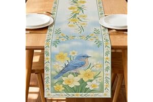 Spring Floral Table Runner, Bluebird Yellow Daffodils Nature Inspired Kitchen Dining Decor for Home Family Gatherings 13x72 I