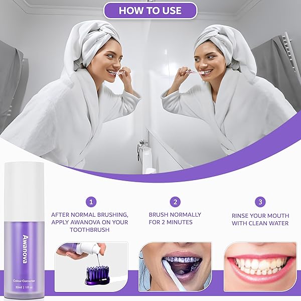 AWANOVA 30ML PURPLE TOOTHPASTE FOR TEETH WHITENING, COLOR CORRECTOR TOOTHPASTE, ADVANCED STAIN REMOVAL, HEALTHY SMILE, CONFIDENT YOU WITH PURPLE TEETH WHITENING GEL, COLOUR CORRECTOR