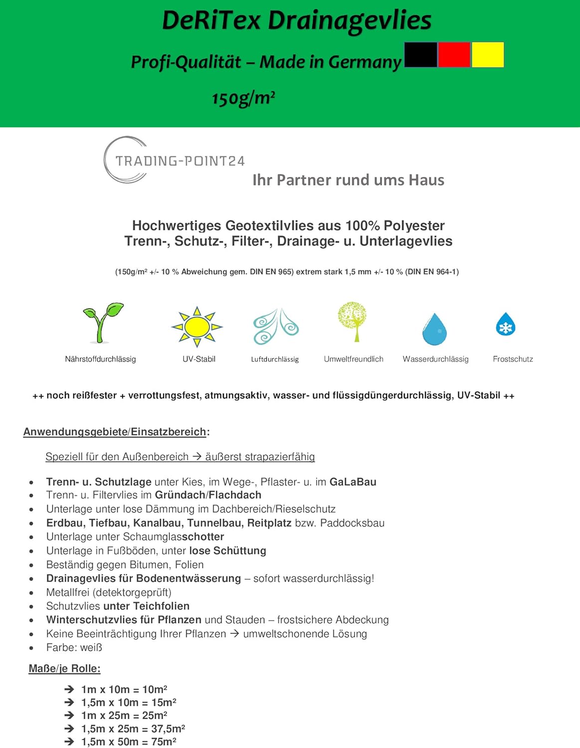 Deritex 150 G M Filtervlies Drainagevlies 1m X 25m 25m