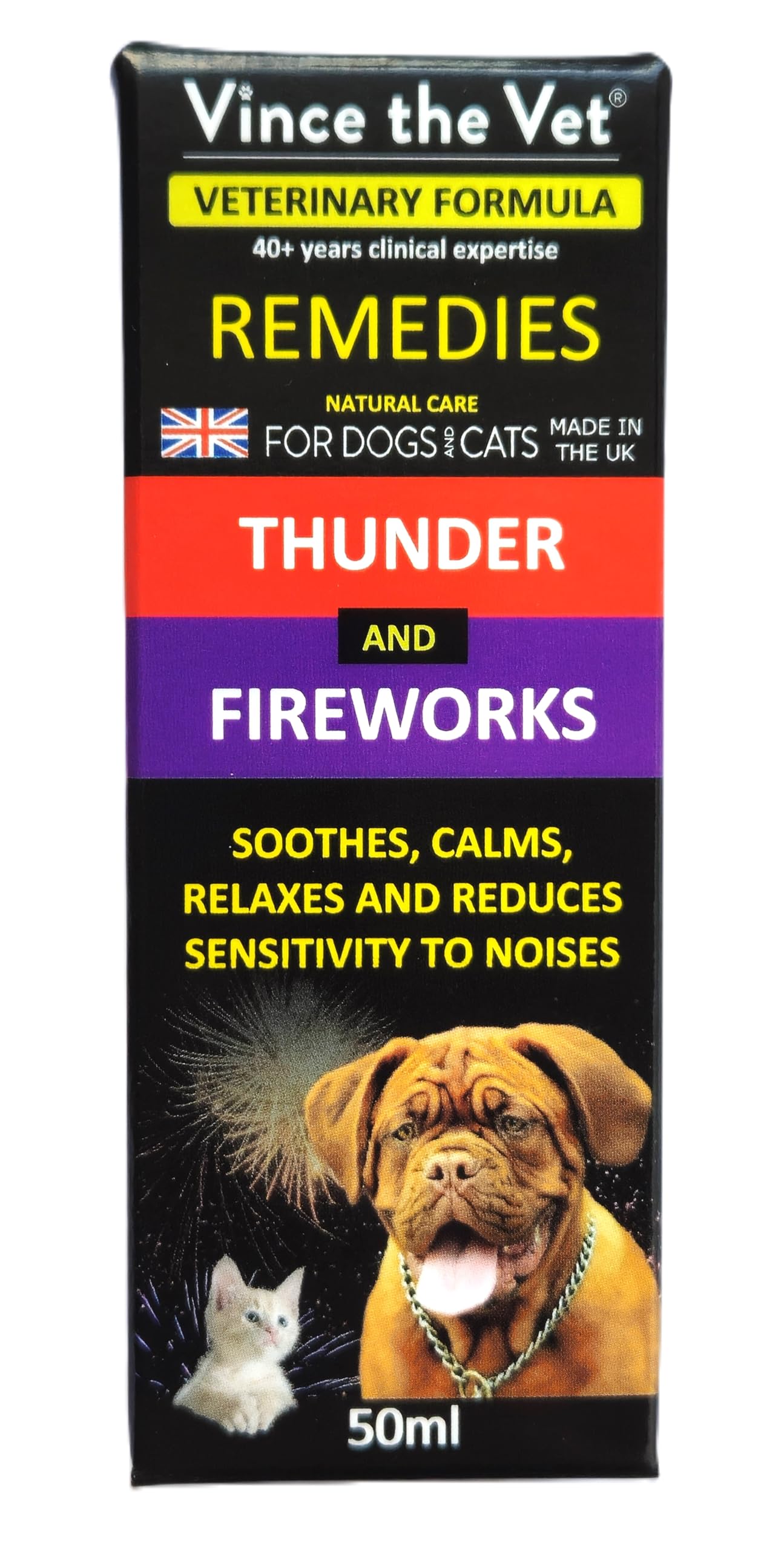 Vince the Vet - Thunder & Fireworks, Soothe & Calm Drops for Cat & Dogs (50ml), Human Grade Veterinary Formulated Blend of Botanical Extracts for Anxiety & Stress