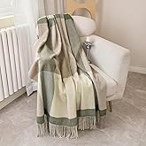 Temminc Pure Wool Plaid Throw Blanket - Warm Throw for Couch, Travel Outdoor Camping Blankets, Portable Lightweight Travel Blanket Airplane Compact with Bag/Taupe Grey and Green