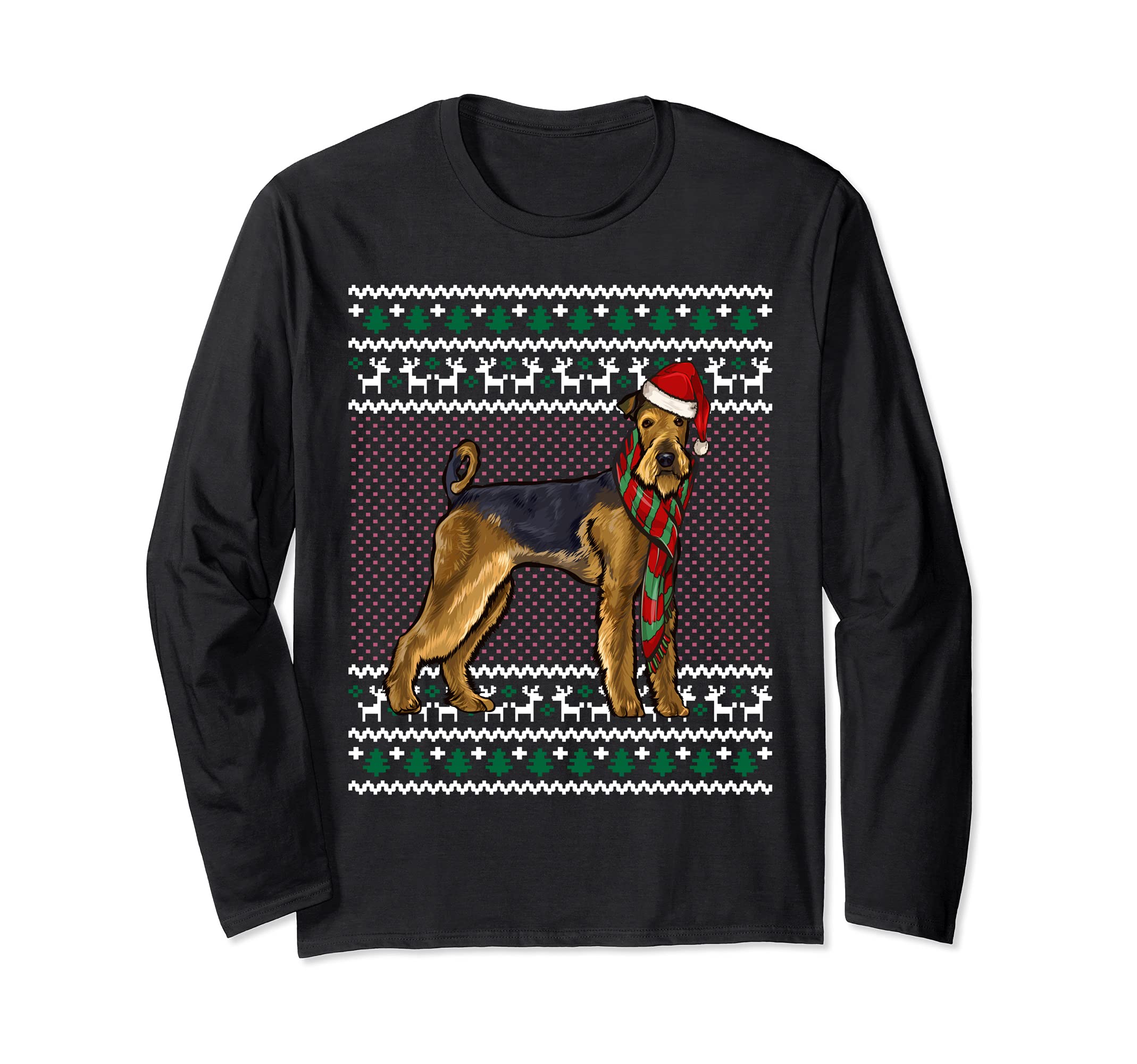 Xmas Airedale Terrier Dog Santa Hat Ugly Christmas Long Sleeve T-Shirt