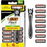 BIC Flex 4 Sensitive Men's Refillable 4-Blade Razors with 7 Cartridges | 4 Blade Design for a Smooth Shave | Lubricating Strip with Aloe and Vitamin E | Ergonomic Handle and Pivoting Head