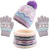 Winter Kids Hat Scarf Glove Set Knit Fleece Lined Beanie Neck Warmer Mittens for Toddler Boys Girls 3-8 Years