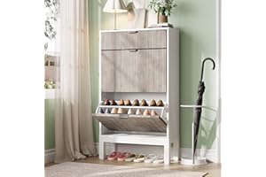 Garvee Narrow Shoe Cabinet with 2 Flip Drawers, Farmhouse Fluted Storage Organizer with Metal Legs, Freestanding Hidden Entry