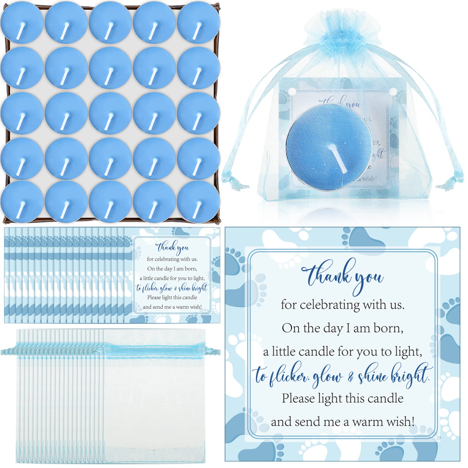 Photo 1 of 50 Sets Baby Shower Party Favors Including 50 Pcs Unscented Tealight Baby Shower Candles Gift Bags Cards for Gender Reveal Party Supplies(Blue)