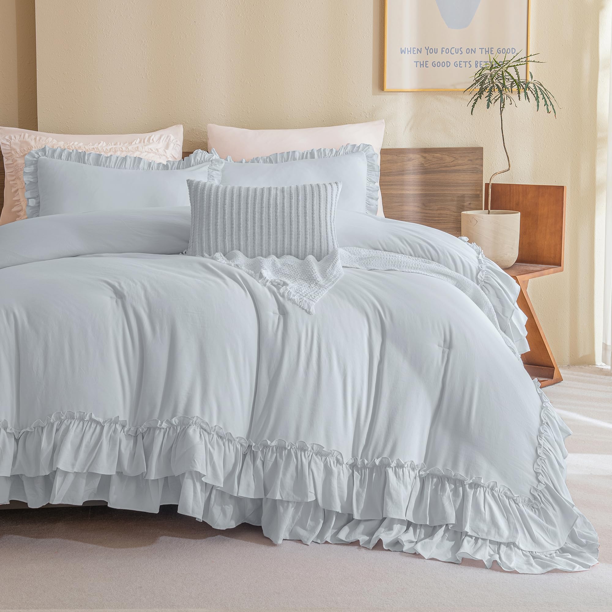 Photo 1 of Queen's House Light Blue Farmhouse Ruffled King Size Comforter Set,Lightweight Microfiber Inner Fill Fluffy Boho Chic Bedding Comforter,Ultra Soft Microfiber Inner Fill Bedding