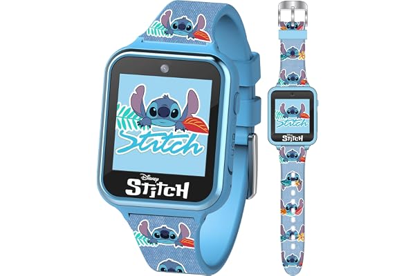 Disney Stitch Kids Smart Watch with 10 Customizable Faces, Camera, Voice Recorder, Calculator, and Step Counter – Touchscreen Interactive Watch for Kids – Blue Silicone Strap