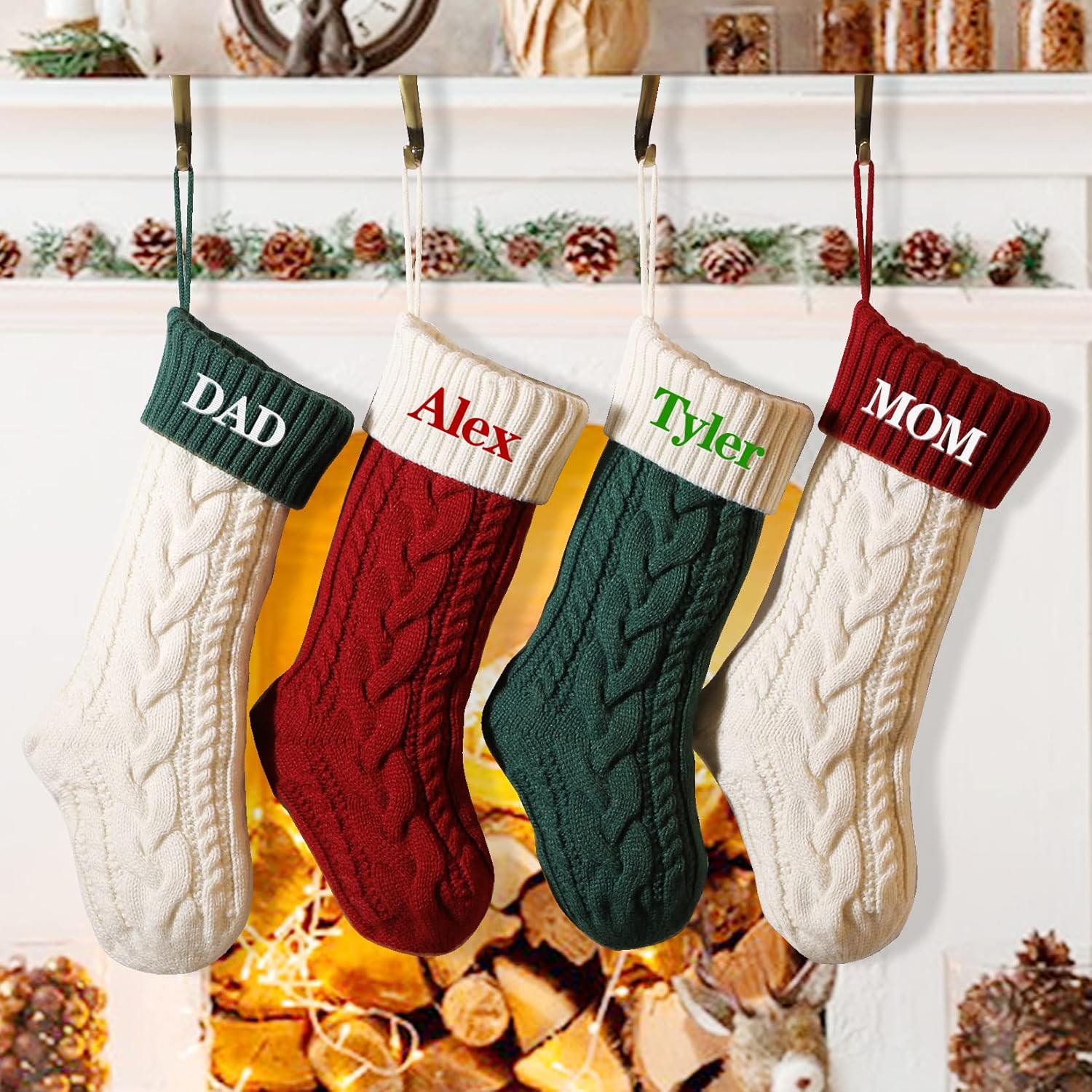 Stockings & Holders - ZGCYSMHT Personalized Christmas Stocking,Custom Name 18 inch Large Knit Christmas Stocking for Family,Color-Contrast Xmas Stocking with Name Embroidery for Holiday Party Decoration(4 Pcs)