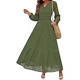PRETTYGARDEN Women's Long Sleeve Maxi Dress V Neck Hollow Out Eyelet A Line Long Flowy 2026 Spring Wedding Guest Dresses